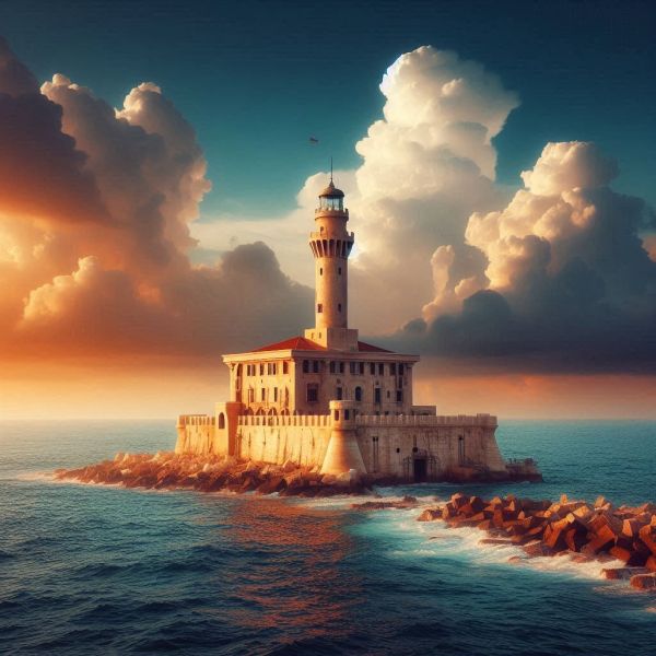  Александрійський маяк бна острові Фарос у Середземному морі. 