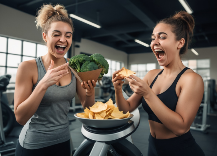 Two friends in the gym on the exercise machines: