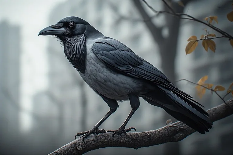 Raven vs Crow: Hooded Crow with grey body and black wings in urban environment