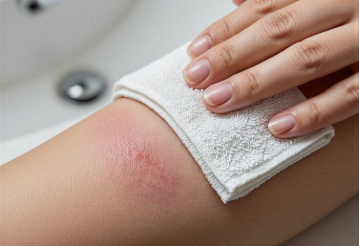 Cool damp towel compress on sunburned back for pain relief