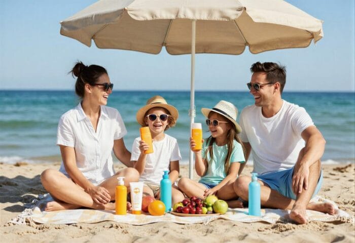 Happy family enjoying a safe day at the beach