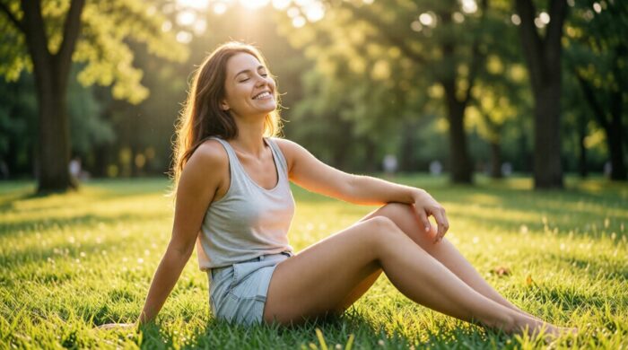 Person safely sunbathing in park for vitamin D production