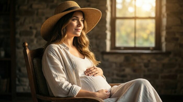 Pregnant woman gently sunbathing under shade with hat and sunscreen in a serene garden
