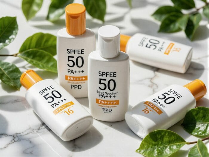 Sunscreen bottles displaying SPF PPD PA UVA UVB ratings