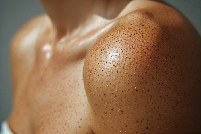 Close-up of photoaging and sun damage on skin