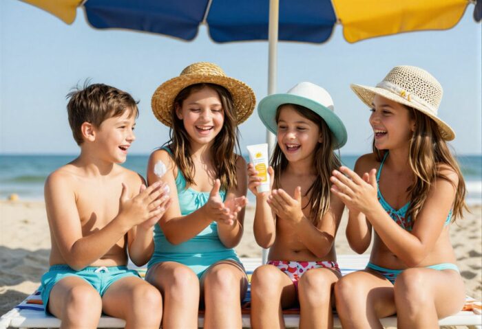 Happy family with children and teenagers applying sunscreen and wearing hats under beach umbrella for sun protection