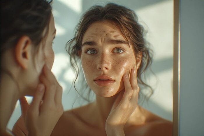 Woman comparing healthy skin to sun-damaged skin in mirror